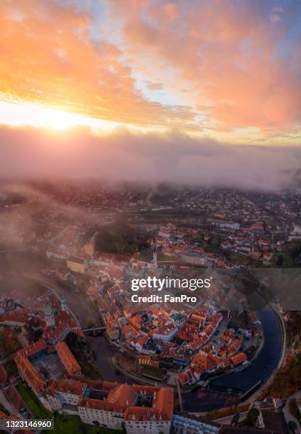 aerial view of city sunrise in czech republic - boehmen stock pictures, royalty-free photos & images