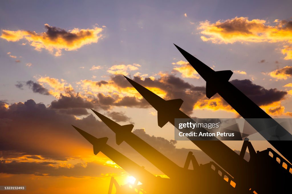 Anti-aircraft missile system on the background of sunset sky