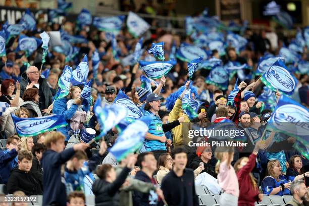 Blues fans celebrate during the round five Super Rugby Trans-Tasman match between the Blues and the Western Force at Eden Park on June 12, 2021 in...