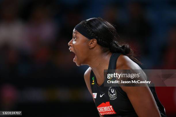 Shimona Nelson of the Magpies celebrates a goal during the round seven Super Netball match between Collingwood Magpies and Melbourne Vixens at Ken...