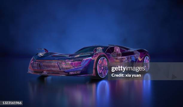 glowing futuristic transparent car with colorful aerodynamic light - car xray stock-fotos und bilder