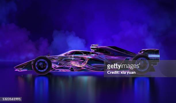 glowing futuristic transparent racing car with colorful aerodynamic light - desporto motorizado imagens e fotografias de stock