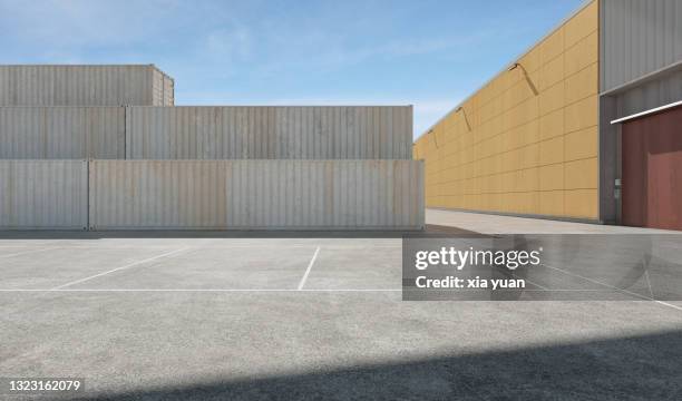 cargo containers and distribution warehouse - warehouse building exterior stock pictures, royalty-free photos & images
