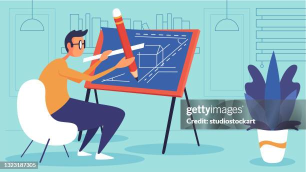 ilustrações, clipart, desenhos animados e ícones de homem arquiteto trabalhando em projeto de arquitetura com prancheta de desenho - prancha de desenho