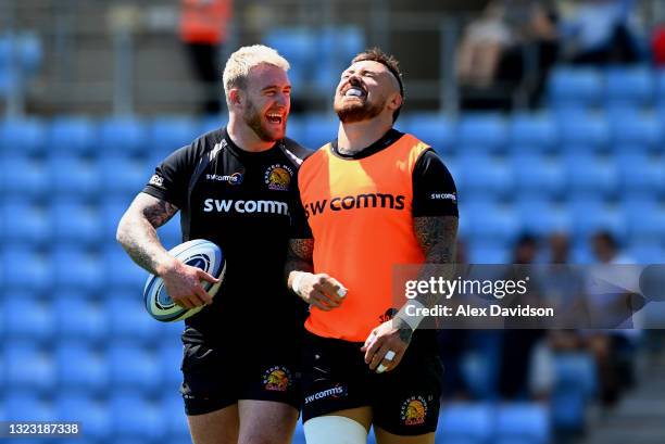 Stuart Hogg and Jack Nowell of Exeter Chiefs share a joke prior to the Gallagher Premiership Rugby match between Exeter Chiefs and Sale at Sandy Park...