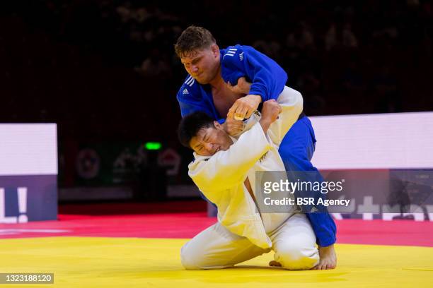 Kokoro Kaguera of Japan, Jur Spijkers of The Netherlands during the World Judo Championships Hungary 2021 at Papp Laszlo Budapest Sports Arena on...