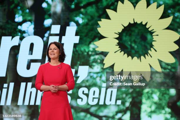 Annalena Baerbock, co-head of the German Greens Party, smiles at the Greens Party virtual federal party congress after delegates confirmed Baerbock...