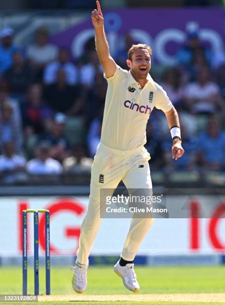 England bowler Stuart Broad celebrates after taking the wicket of Ajaz Patel during day three of the second LV= Insurance Test Match between England...