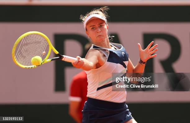 Barbora Krejcikova of Czech Republic plays a forehand shot during the women's final on day fourteen of the 2021 French Open at Roland Garros on June...