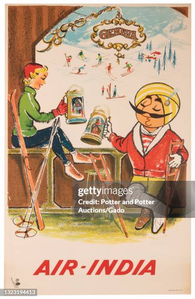 "Geneva" poster depicting the company mascot â€“ the Maharaja â€“ relaxing at a ski resort and toasting a large beer with his ski partner while...