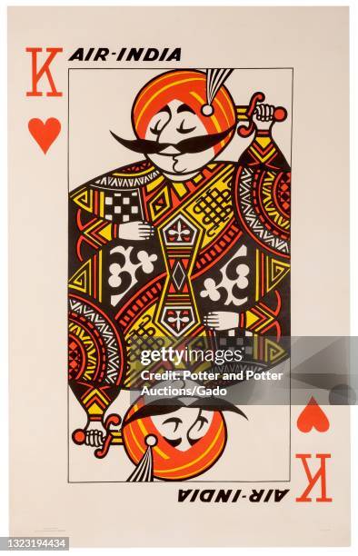 "Air India" poster depicting the company mascot â€“ the Maharaja â€“ as a King of hearts card, designed for Air India, 1968.