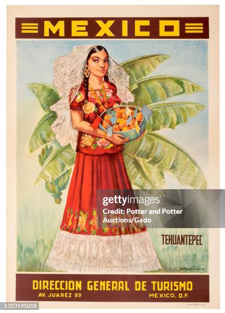 "Mexico Tehuantepec" poster depicting a traditionally-dressed woman holding a bowl of oranges stuck with small flags, designed by T Muhalmel for the...