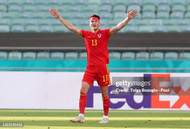 Kieffer Moore of Wales celebrates after scoring their side's first goal during the UEFA Euro 2020 Championship Group A match between Wales and...