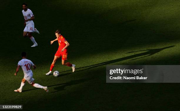 David Brooks of Wales runs with the ball during the UEFA Euro 2020 Championship Group A match between Wales and Switzerland at the Baku Olympic...