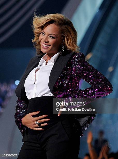 August 28: Beyonce performs onstage at the 2011 MTV Video Music Awards at the Nokia Theatre L.A. Live on August 28, 2011 in Los Angeles, CA.