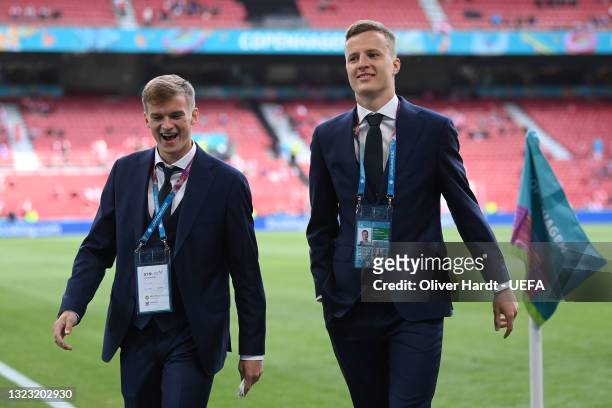 Marcus Forss and Robert Ivanov of Finland after inspecting the pitch prior to the UEFA Euro 2020 Championship Group B match between Denmark and...