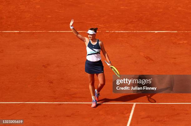 Match Winner Barbora Krejcikova of Czech Republic celebrates after the Women’s final on day fourteen of the 2021 French Open at Roland Garros on June...