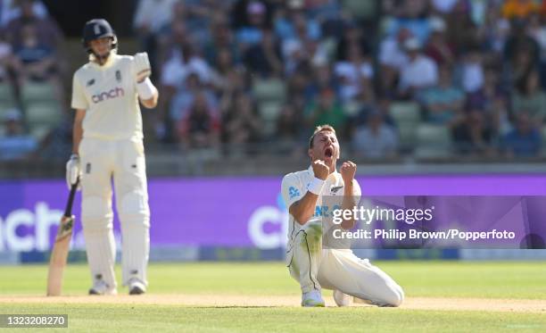 Neil Wagner of New Zealand celebrates after dismissing Ollie Pope of England during the third day of the second LV= Test Match between England and...