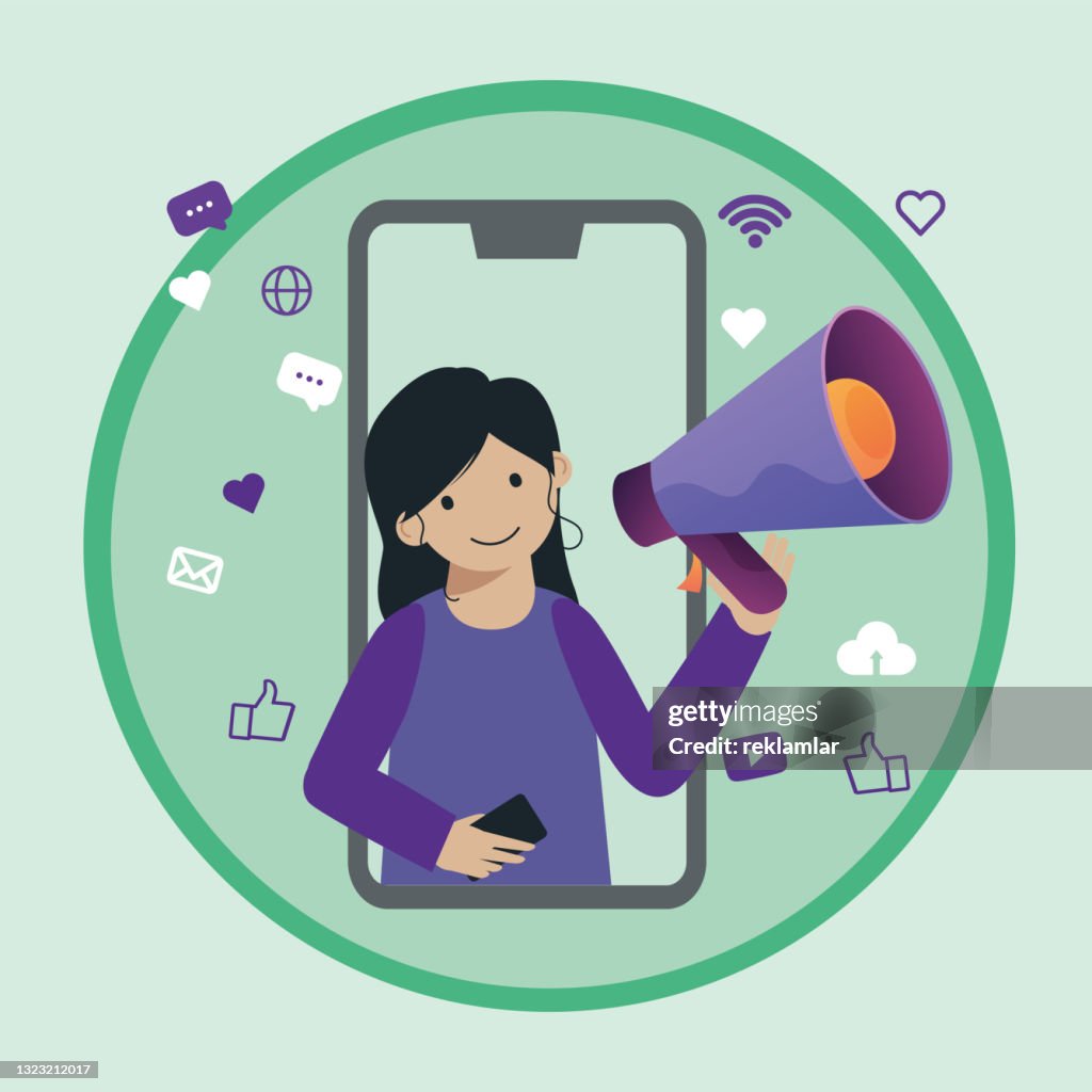 Social media influencer. Woman holding megaphone and a phone in his hands in the social profile frame. Marketing, SMM banner, social media or network promotion, flyer. Different social network icons.