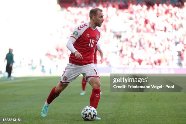 Christian Eriksen of Denmark in action during the UEFA Euro 2020 Championship Group B match between Denmark and Finland on June 12, 2021 in...