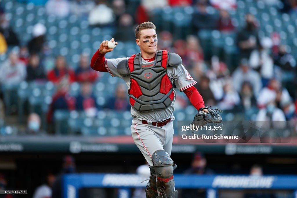 Anthony Stephan Reds Tyler Stephenson of the Cincinnati Reds throws out Eddie Rosario of ...