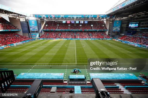 General view inside the stadium during the UEFA Euro 2020 Championship Group B match between Denmark and Finland on June 12, 2021 in Copenhagen,...