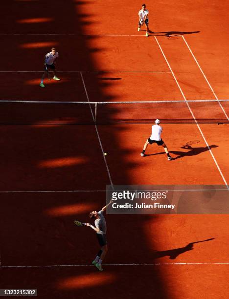 Alexander Bublik of Kazakhstan serves during the Men's Doubles Final on day fourteen of the 2021 French Open at Roland Garros on June 12, 2021 in...