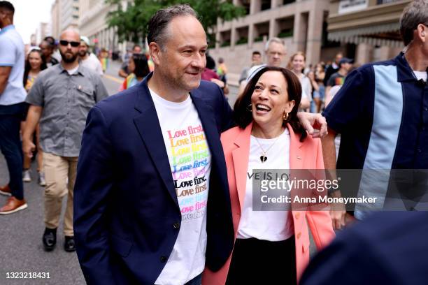 Vice President Kamala Harris and husband Doug Emhoff join marchers for the Capital Pride Parade on June 12, 2021 in Washington, DC. Capital Pride...