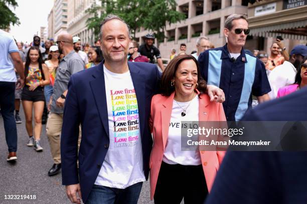 Vice President Kamala Harris and husband Doug Emhoff join marchers for the Capital Pride Parade on June 12, 2021 in Washington, DC. Capital Pride...