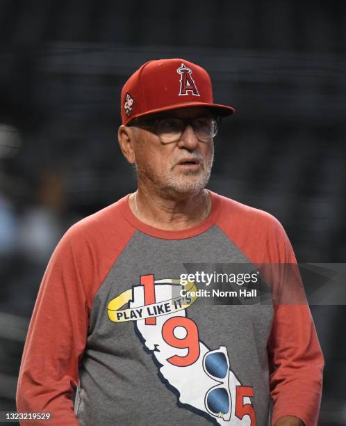 Manager Joe Madden of the Los Angeles Angels watches batting practice prior to a game against the Arizona Diamondbacks at Chase Field on June 11,...