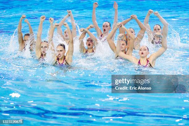 Canada Team competes during the Highlight Routine of the FINA Artistic Swimming World Series Super Final 2021 at Piscina Sant Jordi on June 12, 2021...
