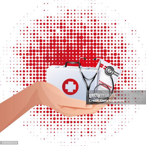 hands with medical elements. medical items on an abstract white background. - patch texture stock illustrations