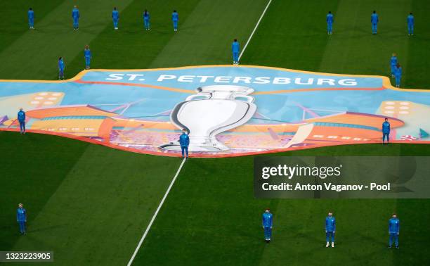 General view inside the stadium as a pre match ceremony takes place prior to the UEFA Euro 2020 Championship Group B match between Belgium and Russia...