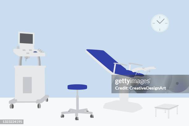 ilustrações de stock, clip art, desenhos animados e ícones de gynecologist office with gynecological chair and ultrasound - virilha humana