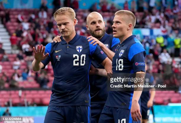 Joel Pohjanpalo of Finland celebrates after scoring their side's first goal during the UEFA Euro 2020 Championship Group B match between Denmark and...