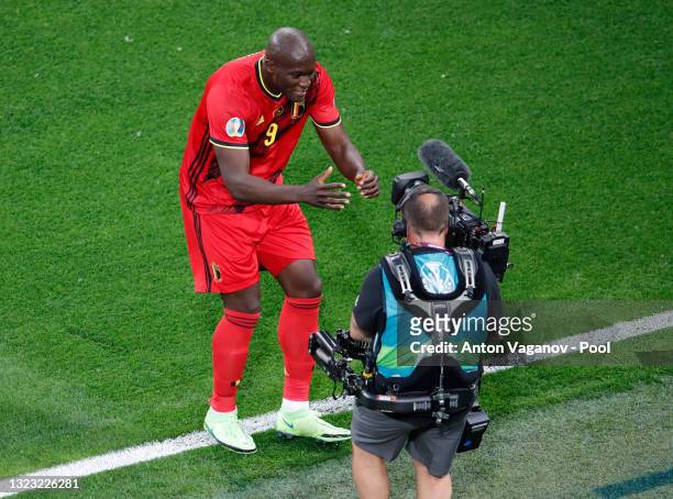 Romelu Lukaku of Belgium celebrates after scoring their side's first goal during the UEFA Euro 2020 Championship Group B match between Belgium and...