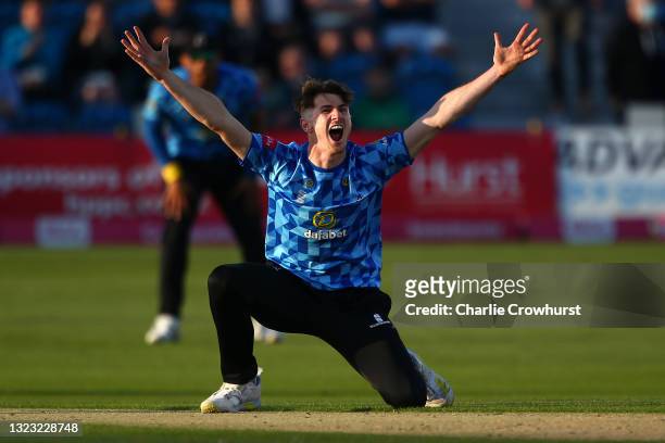 George Garton of Sussex appeals for lbw during the Vitality T20 Blast match between Sussex Sharks and Hampshire Hawks at The 1st Central County...