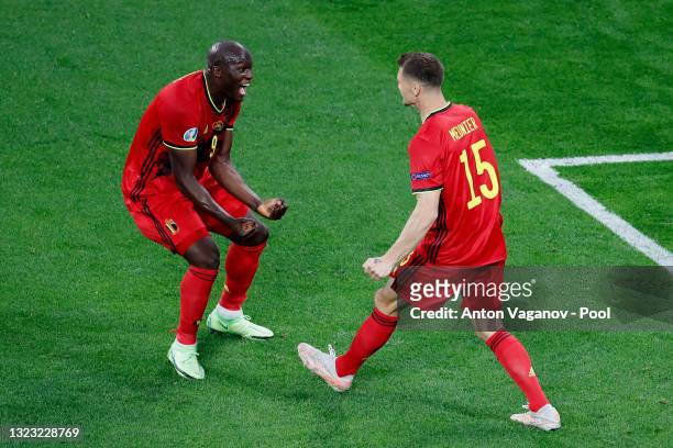 Thomas Meunier of Belgium celebrates with Romelu Lukaku and team mates after scoring their side's second goal during the UEFA Euro 2020 Championship...