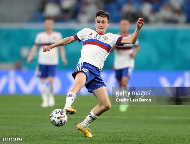 Aleksandr Golovin of Russia controls the ball during the UEFA Euro 2020 Championship Group B match between Belgium and Russia on June 12, 2021 in...