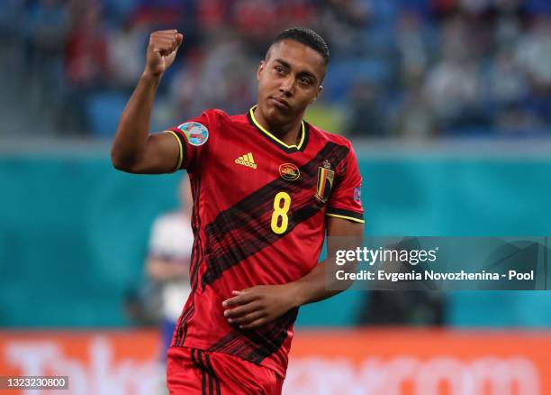 Youri Tielemans of Belgium reacts during the UEFA Euro 2020 Championship Group B match between Belgium and Russia on June 12, 2021 in Saint...