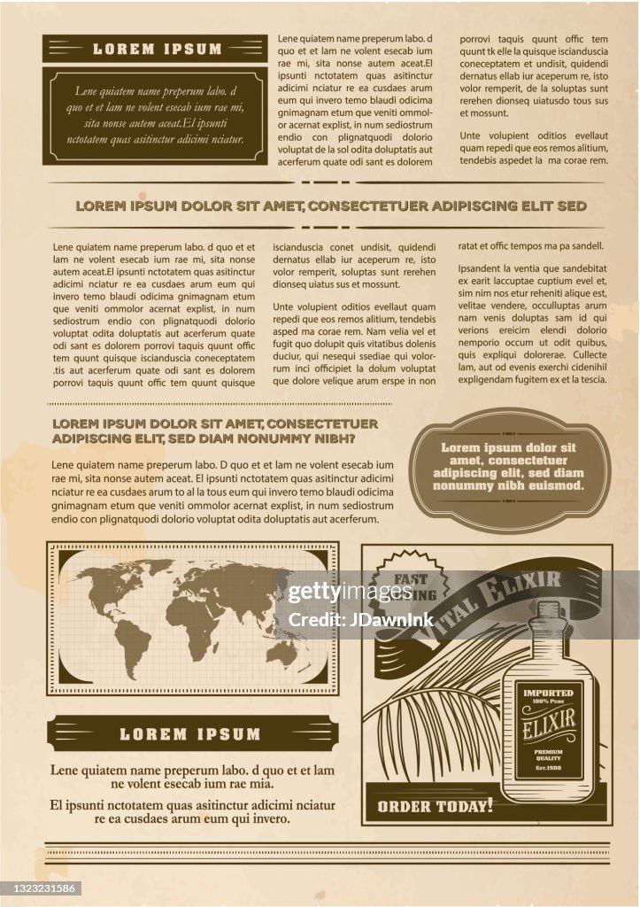 Vintage or old fashioned worn Newspaper layout includes page with headline design template