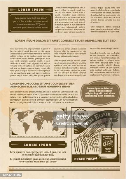 vintage or old fashioned worn newspaper layout includes page with headline design template - front page stock illustrations