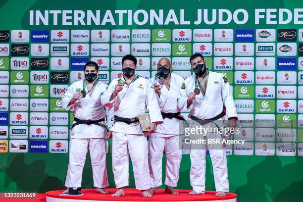 Tamerlan Bashaev of the Russian Judo Federation, Kokoro Kageura of Japan, Roy Meyer of the Netherlands and Yakiv Khammo of Ukraine pose during the...