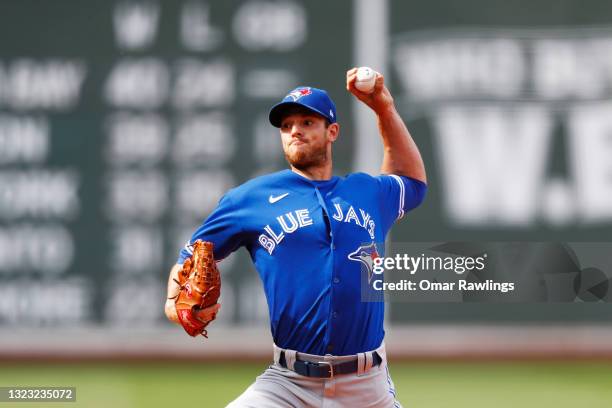 Starting pitcher Steven Matz of the Toronto Blue Jays pitches in the bottom of the first inning of the game against the Boston Red Sox at Fenway Park...