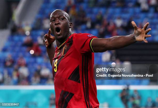 Romelu Lukaku of Belgium celebrates after scoring their side's third goal during the UEFA Euro 2020 Championship Group B match between Belgium and...