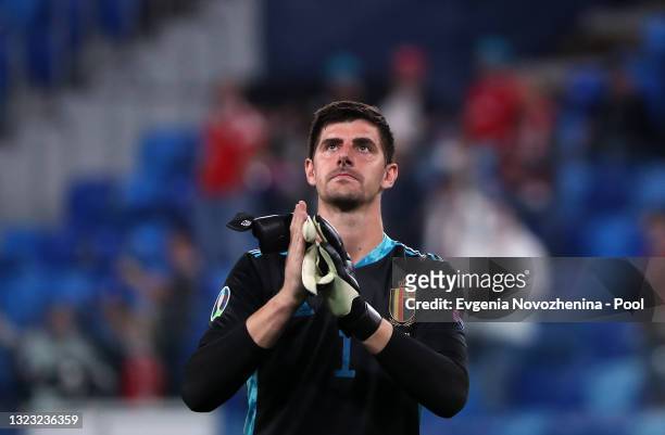 Thibaut Courtois of Belgium interacts with the crowd following the UEFA Euro 2020 Championship Group B match between Belgium and Russia on June 12,...