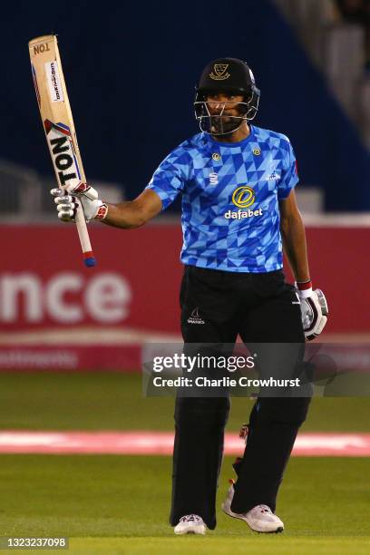 Ravi Bopara of Sussex celebrates his half century during the Vitality T20 Blast match between Sussex Sharks and Hampshire Hawks at The 1st Central...