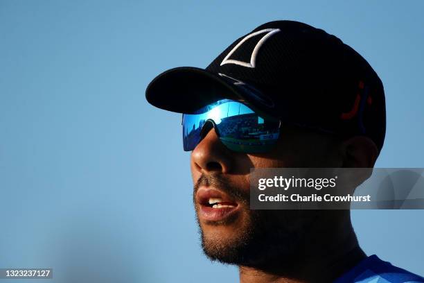 Tymal Mills of Sussex during the Vitality T20 Blast match between Sussex Sharks and Hampshire Hawks at The 1st Central County Ground on June 12, 2021...