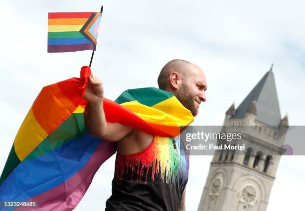People gather to dance and celebrate Pride 2021 at a rally in Freedom Plaza on June 12, 2021 in Washington, DC. Pride Month, hosted by the Capital...