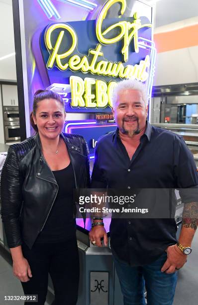 In this image released on June 12, Antonia Lofaso and Guy Fieri attend Guy Fieri's Restaurant Reboot at The Culinary Institute of America in St...